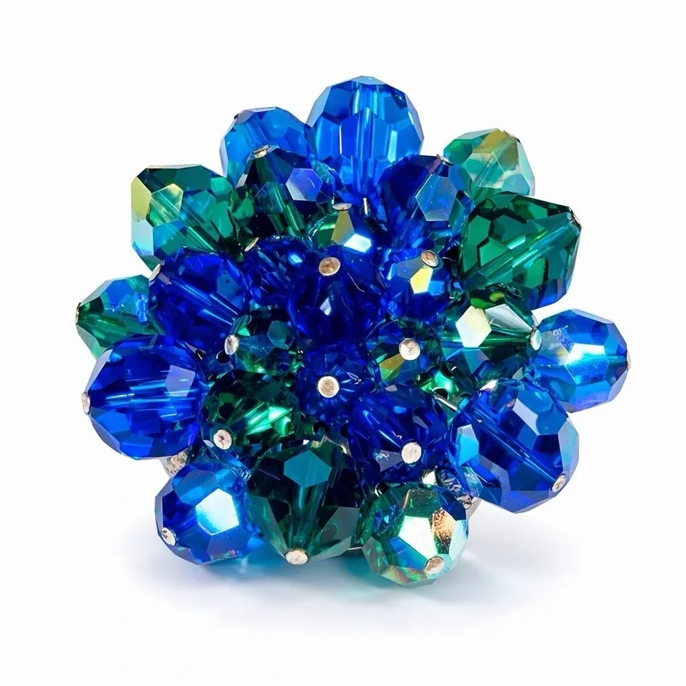 Vintage Blue Green AB Faceted Crystal Cluster Brooch Pin Flower Statement 1 1/2